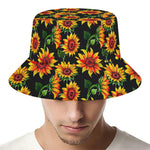 Black Autumn Sunflower Pattern Print Bucket Hat