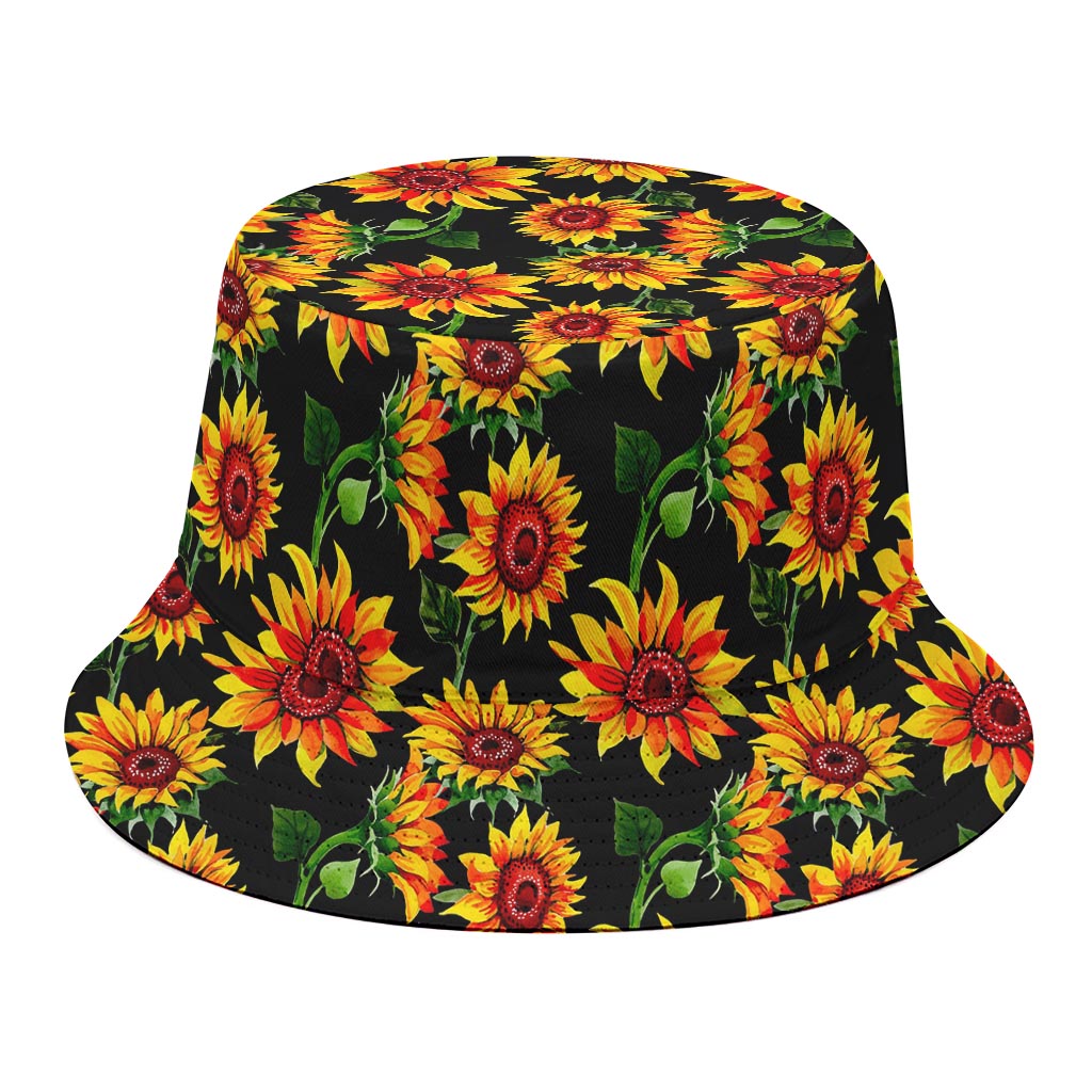 Black Autumn Sunflower Pattern Print Bucket Hat