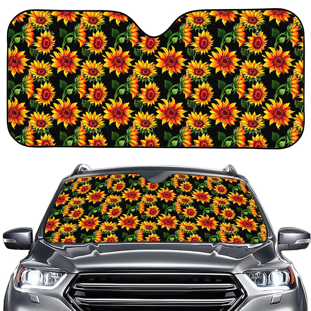 Black Autumn Sunflower Pattern Print Car Windshield Sun Shade