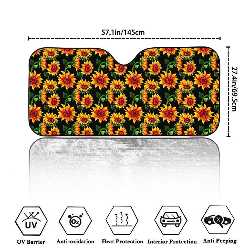 Black Autumn Sunflower Pattern Print Car Windshield Sun Shade