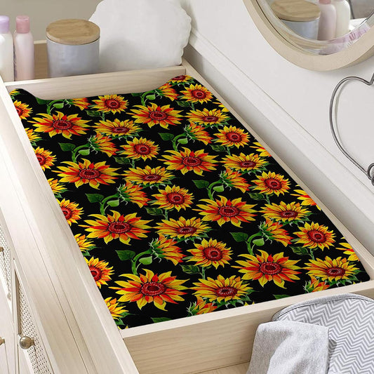 Black Autumn Sunflower Pattern Print Changing Pad Cover