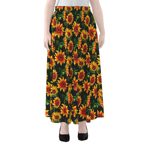 Black Autumn Sunflower Pattern Print Chiffon Maxi Skirt