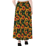 Black Autumn Sunflower Pattern Print Chiffon Maxi Skirt