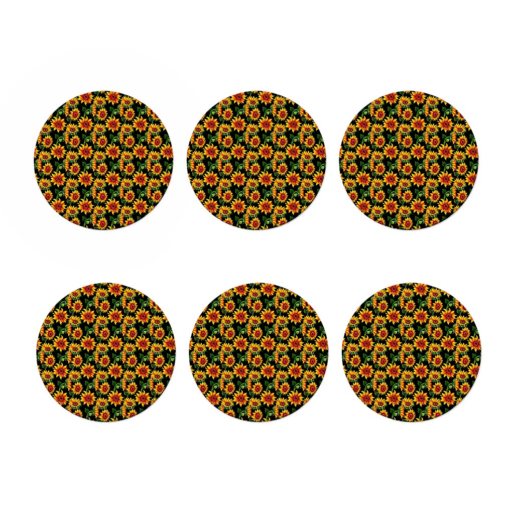 Black Autumn Sunflower Pattern Print Coaster Set