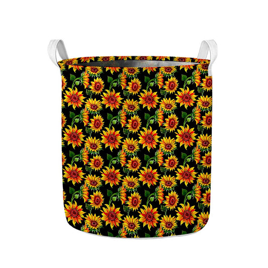 Black Autumn Sunflower Pattern Print Collapsible Laundry Basket