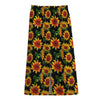 Black Autumn Sunflower Pattern Print Cotton Front Slit Maxi Skirt