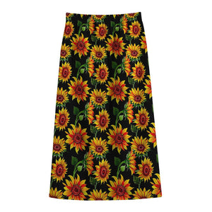 Black Autumn Sunflower Pattern Print Cotton Front Slit Maxi Skirt