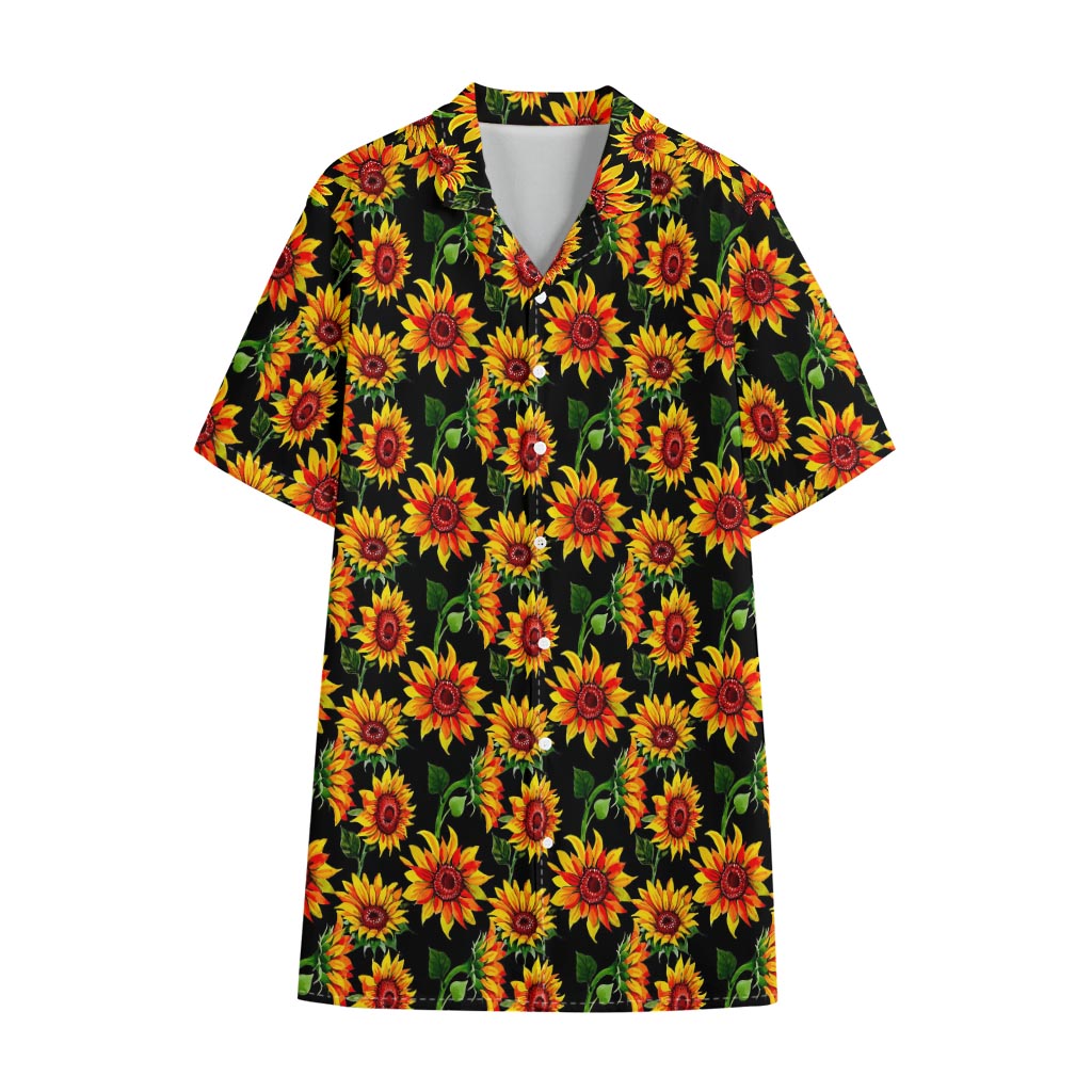 Black Autumn Sunflower Pattern Print Cotton Hawaiian Shirt