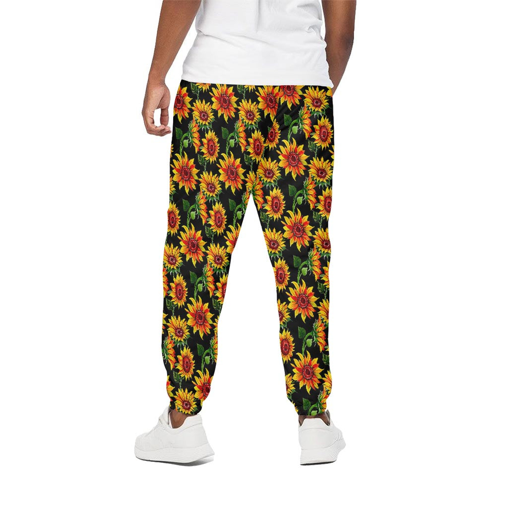 Black Autumn Sunflower Pattern Print Cotton Pants