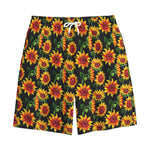 Black Autumn Sunflower Pattern Print Cotton Shorts