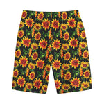Black Autumn Sunflower Pattern Print Cotton Shorts