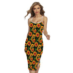 Black Autumn Sunflower Pattern Print Cross Back Cami Dress