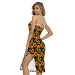 Black Autumn Sunflower Pattern Print Cross Back Cami Dress