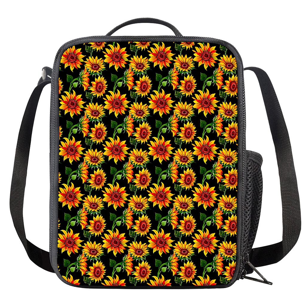 Black Autumn Sunflower Pattern Print Crossbody Lunch Bag