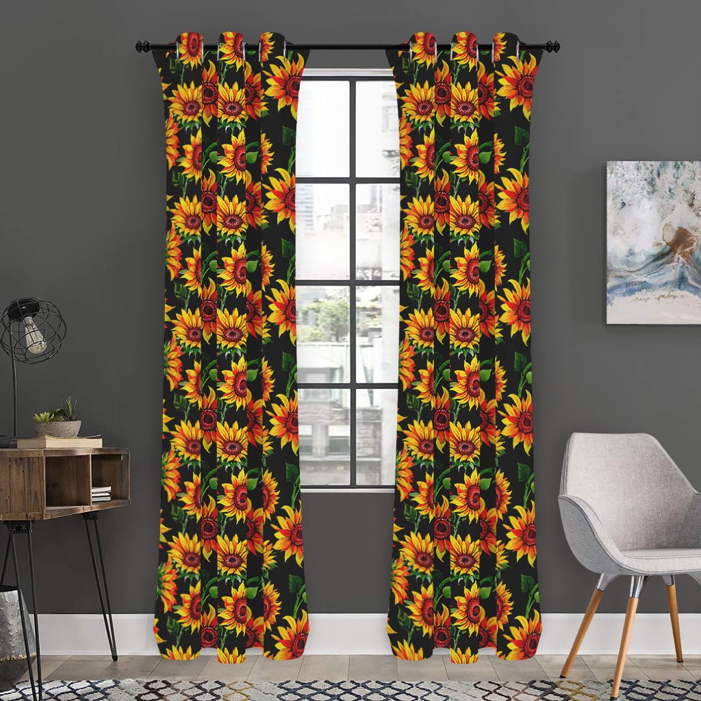 Black Autumn Sunflower Pattern Print Curtain