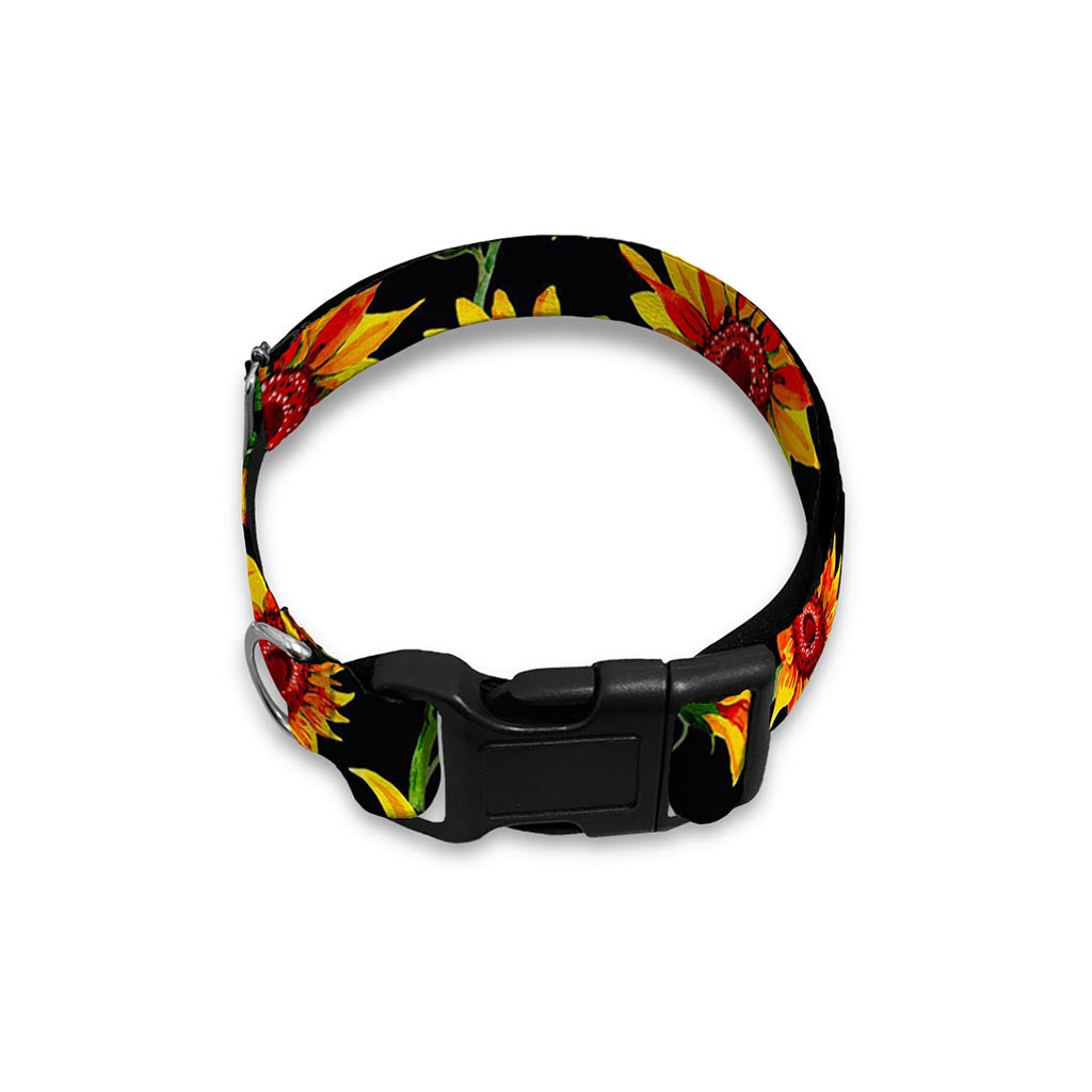 Black Autumn Sunflower Pattern Print Dog Collar