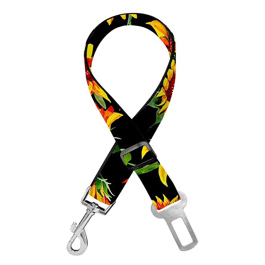 Black Autumn Sunflower Pattern Print Dog Seat Belt