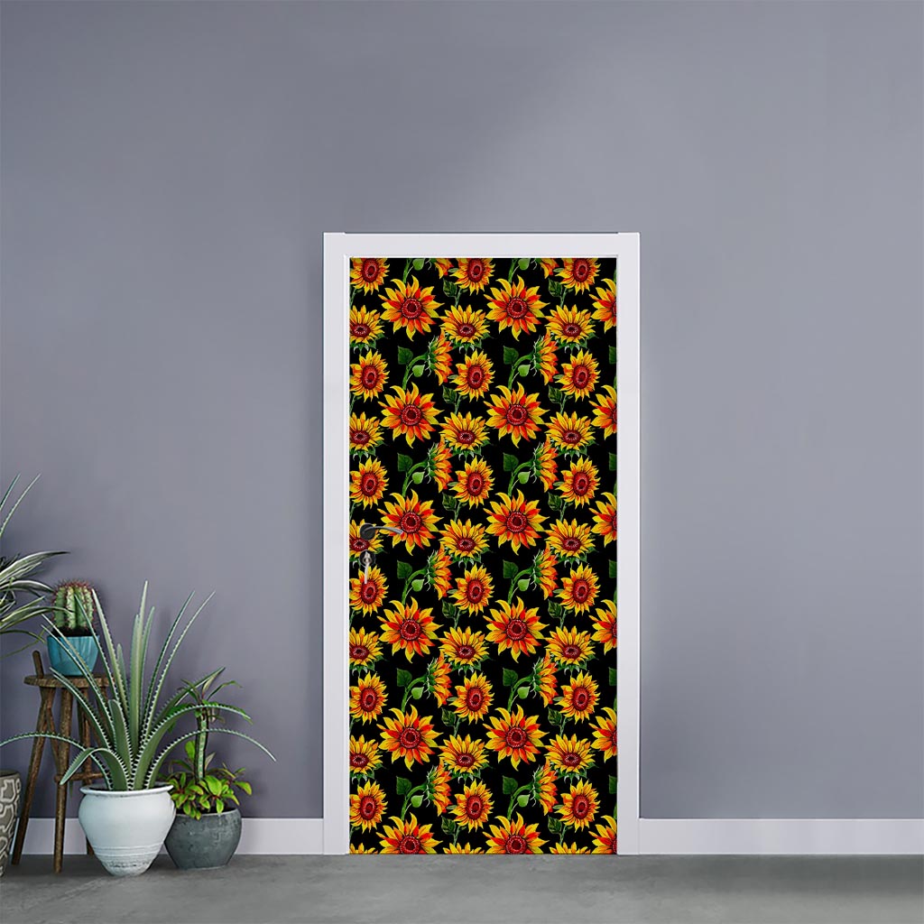 Black Autumn Sunflower Pattern Print Door Sticker