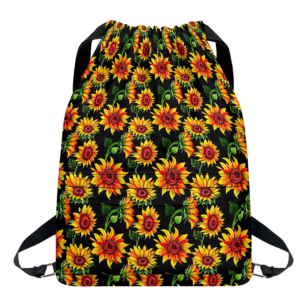 Black Autumn Sunflower Pattern Print Drawstring Backpack
