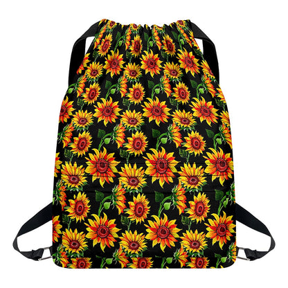Black Autumn Sunflower Pattern Print Drawstring Backpack