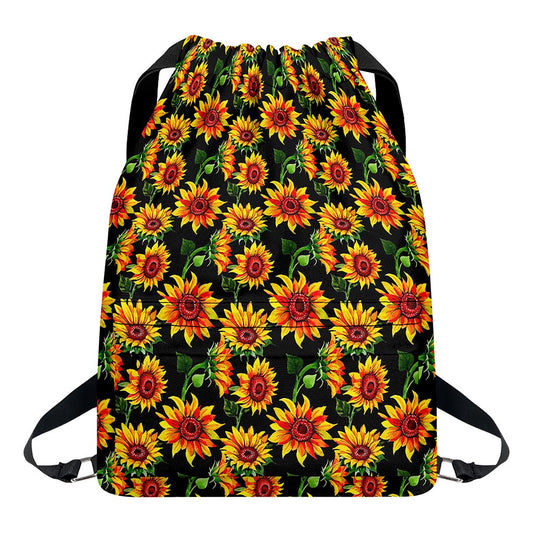 Black Autumn Sunflower Pattern Print Drawstring Backpack
