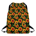 Black Autumn Sunflower Pattern Print Drawstring Backpack
