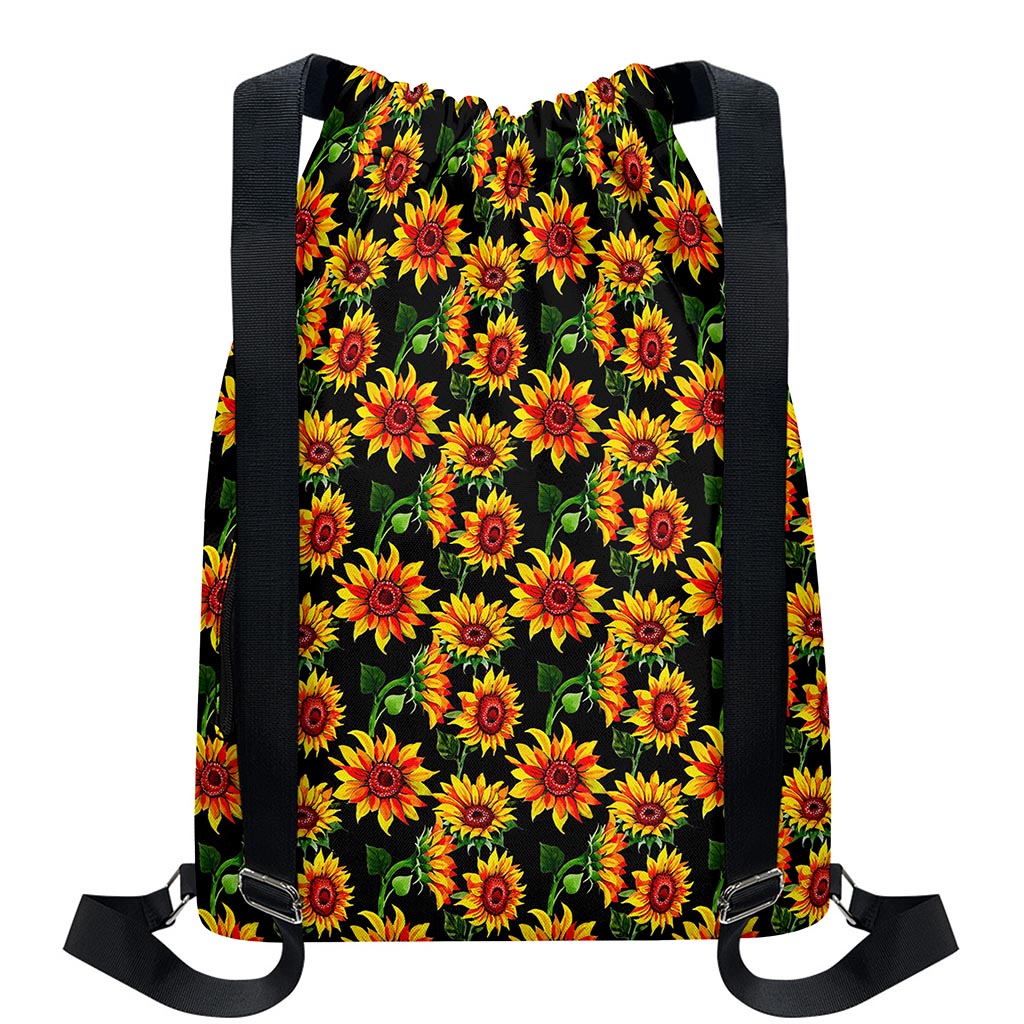 Black Autumn Sunflower Pattern Print Drawstring Backpack