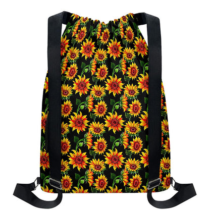 Black Autumn Sunflower Pattern Print Drawstring Backpack