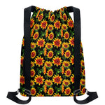 Black Autumn Sunflower Pattern Print Drawstring Backpack