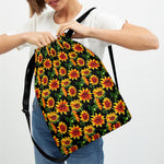 Black Autumn Sunflower Pattern Print Drawstring Backpack