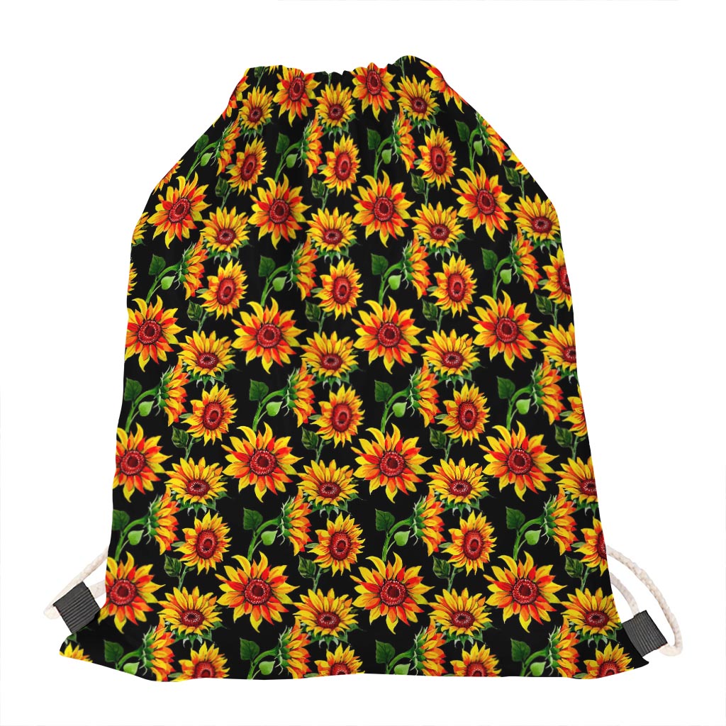 Black Autumn Sunflower Pattern Print Drawstring Bag