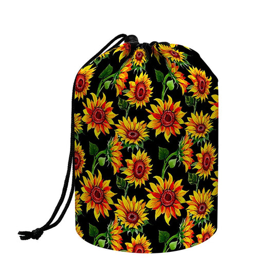Black Autumn Sunflower Pattern Print Drawstring Makeup Bag