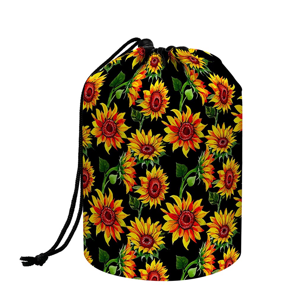 Black Autumn Sunflower Pattern Print Drawstring Makeup Bag