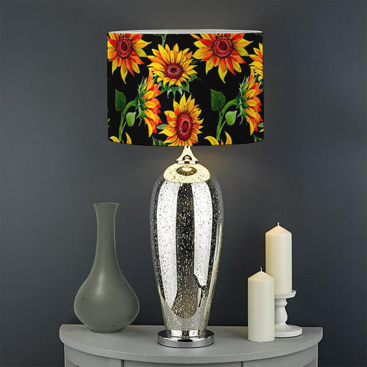 Black Autumn Sunflower Pattern Print Drum Lamp Shade