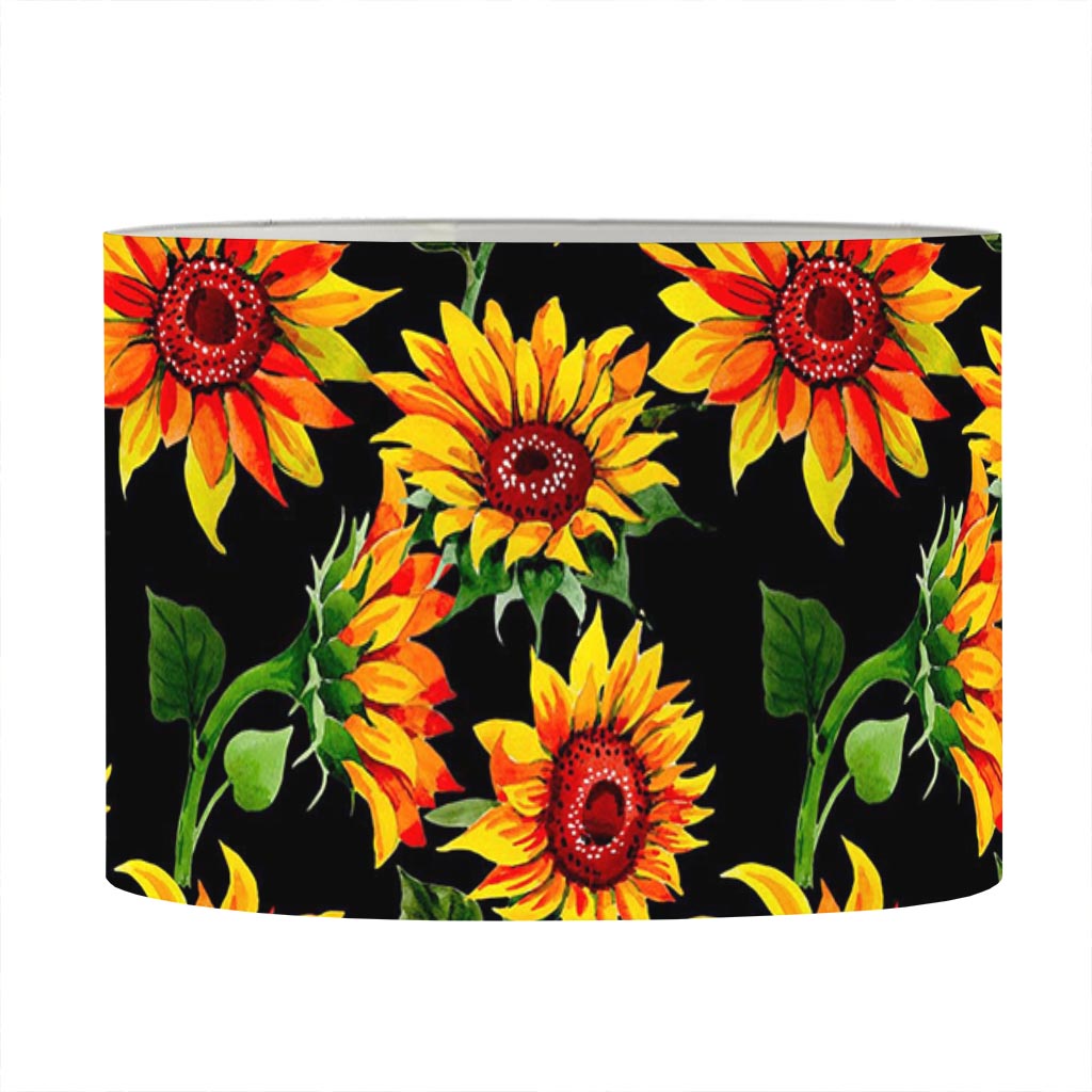 Black Autumn Sunflower Pattern Print Drum Lamp Shade