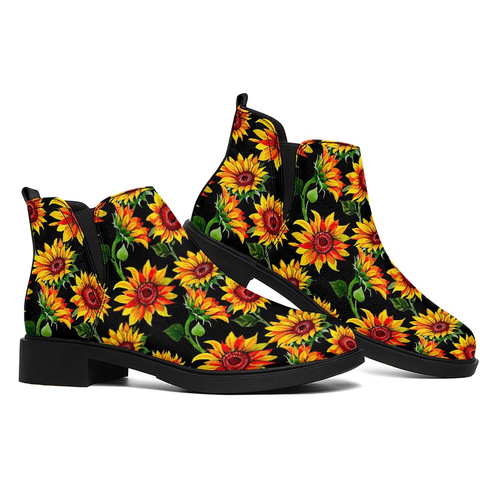 Black Autumn Sunflower Pattern Print Flat Ankle Boots