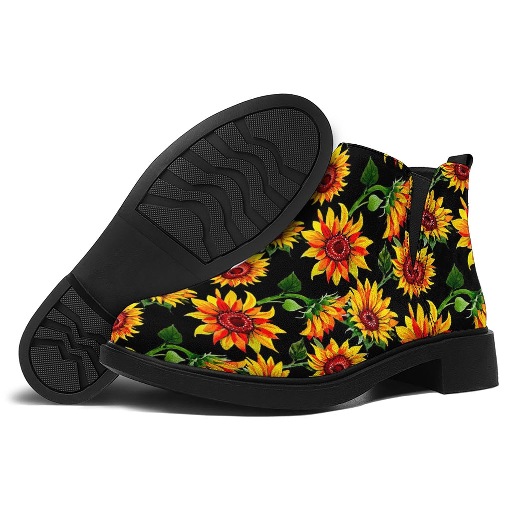 Black Autumn Sunflower Pattern Print Flat Ankle Boots