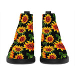 Black Autumn Sunflower Pattern Print Flat Ankle Boots