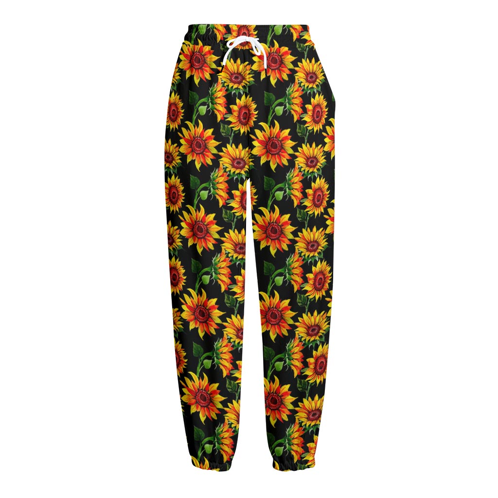 Black Autumn Sunflower Pattern Print Fleece Lined Knit Pants