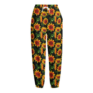 Black Autumn Sunflower Pattern Print Fleece Lined Knit Pants