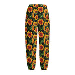 Black Autumn Sunflower Pattern Print Fleece Lined Knit Pants