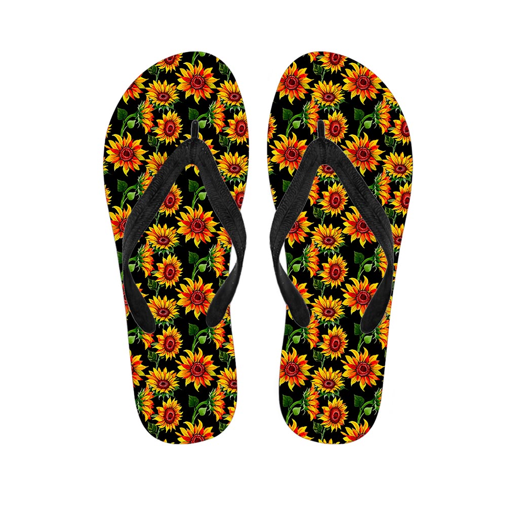 Black Autumn Sunflower Pattern Print Flip Flops