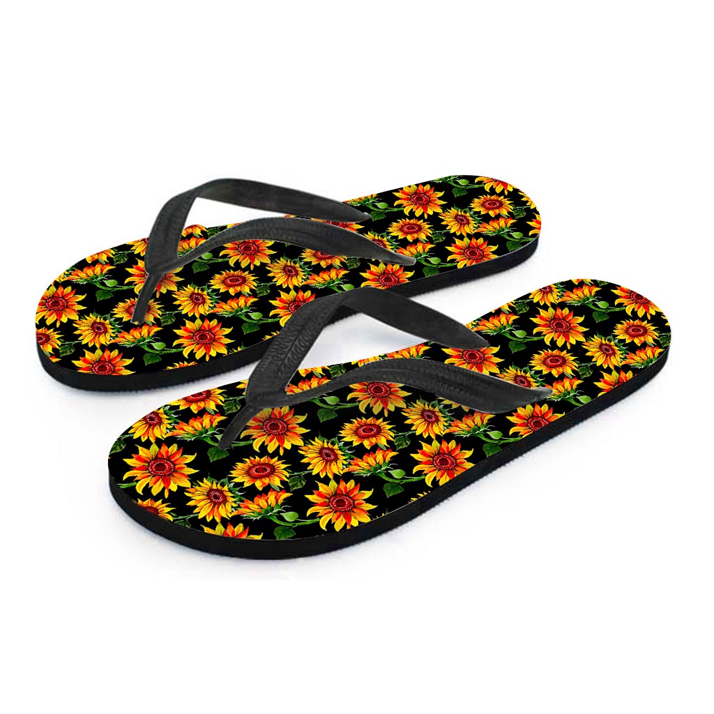 Black Autumn Sunflower Pattern Print Flip Flops