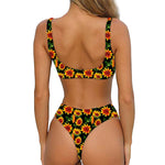 Black Autumn Sunflower Pattern Print Front Bow Tie Bikini