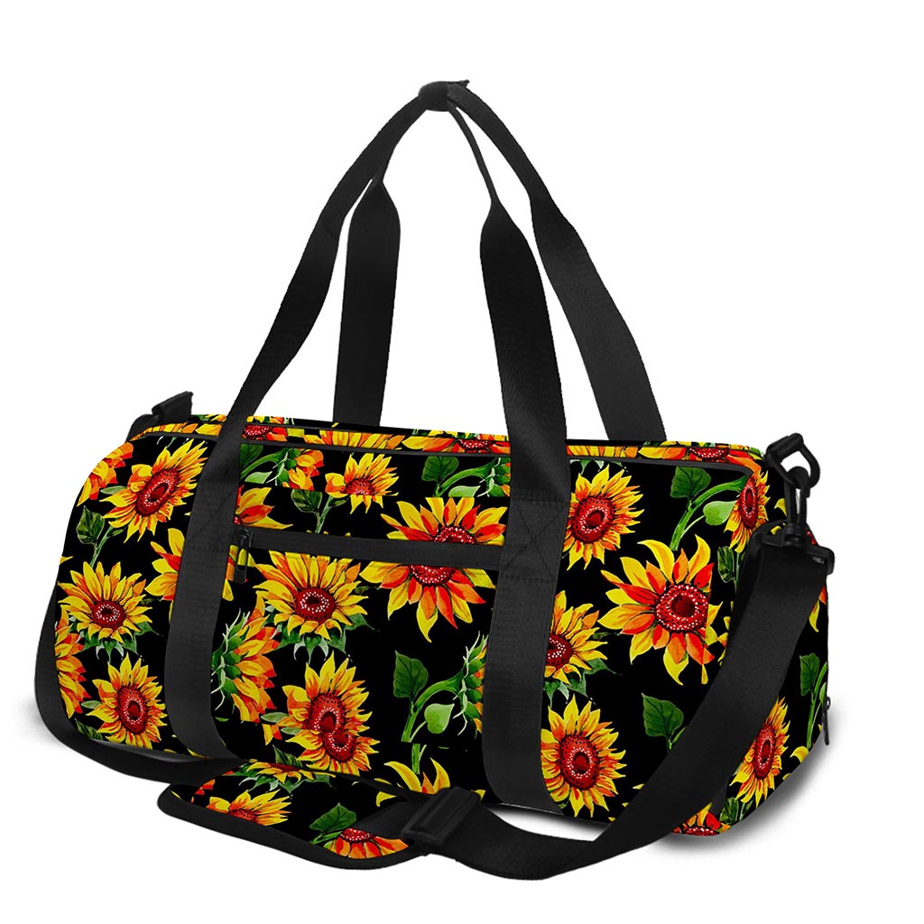 Black Autumn Sunflower Pattern Print Gym Bag
