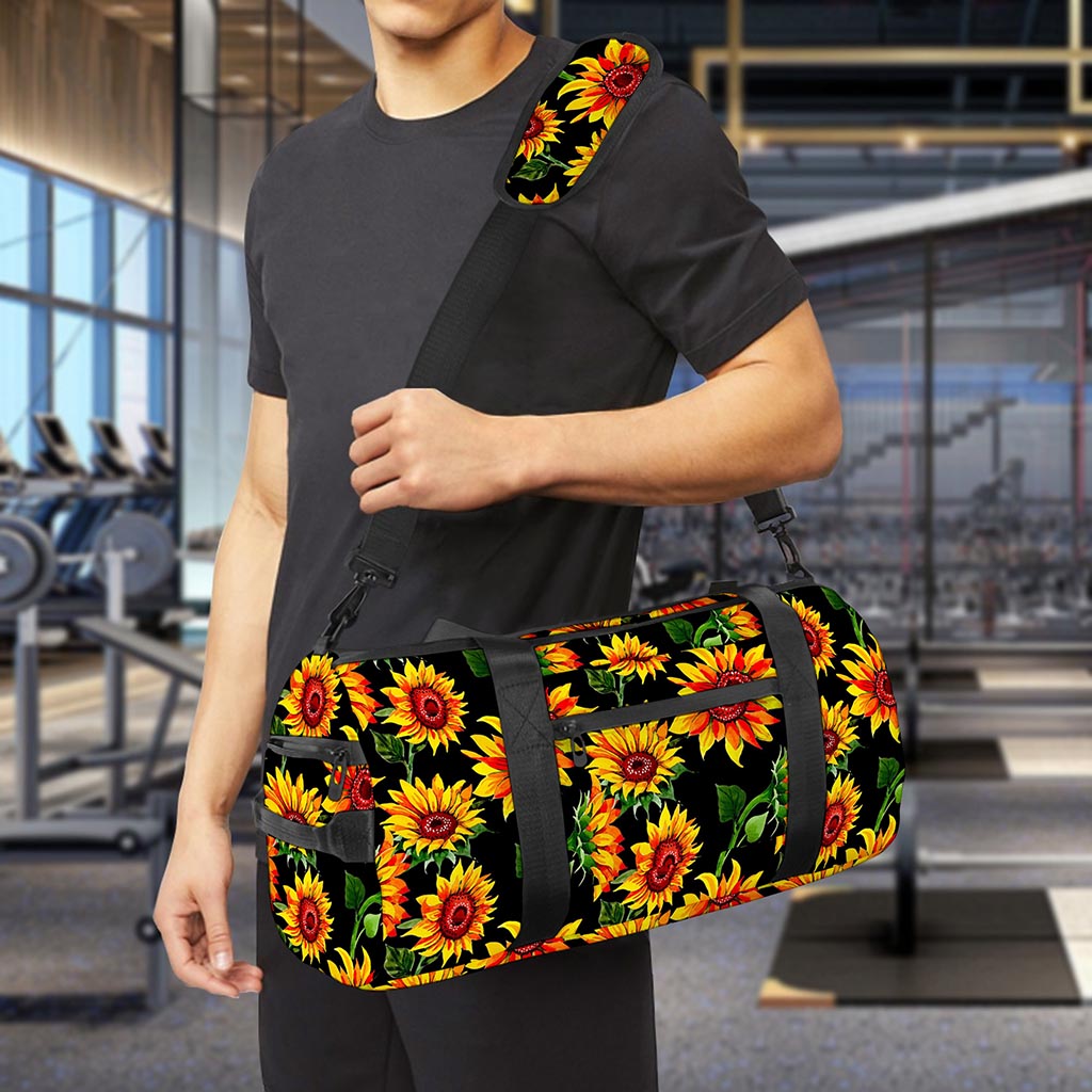 Black Autumn Sunflower Pattern Print Gym Bag