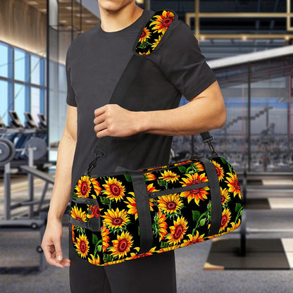 Black Autumn Sunflower Pattern Print Gym Bag