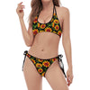 Black Autumn Sunflower Pattern Print Halter Scoop Tie Side Bikini