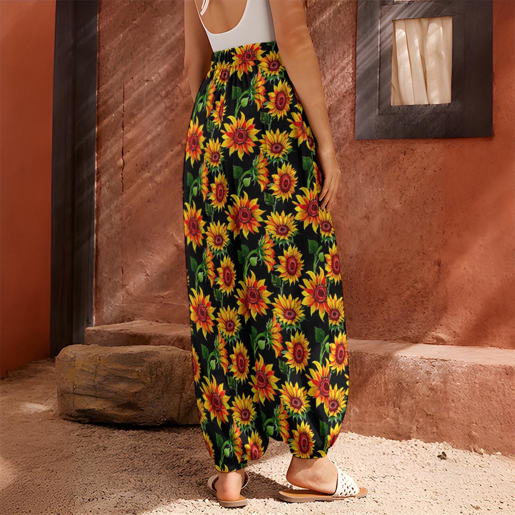 Black Autumn Sunflower Pattern Print Harem Pants