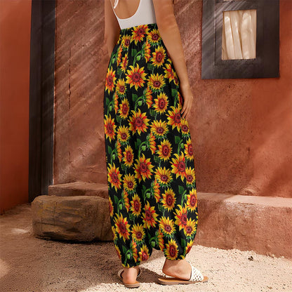 Black Autumn Sunflower Pattern Print Harem Pants